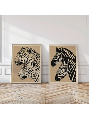 Ninastore Safari Hayvanları Sepya Sanat Baskıları Seti (2 Adet) - Vintage Leopar Zebra Blok Duvar Sanatı
