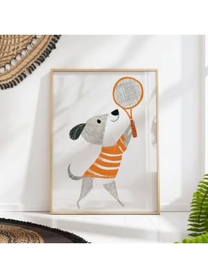 Ninastore Tenisçi Köpek Temalı Çocuk Odası Baskısı | Neşeli Turuncu Çocuk Duvar Sanatı Posteri | Sportif