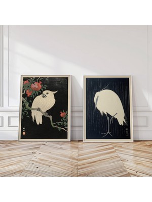 Ninastore Japon Kuş Sanatı Baskı Seti – Koson Kakadu ve Balıkçıl Duvar Dekoru – Vintage Ahşap Baskı Poster