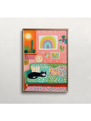 Ninastore Smokinli Kedi Sanat Baskısı: Renkli Yeşil Kanepe - Pembe Duvar (Baskı)