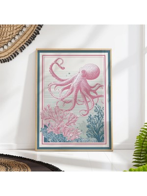 Ninastore Ahtapot Duvar Sanatı Pembe Turkuaz Vintage Denizcilik Illüstrasyon Baskısı