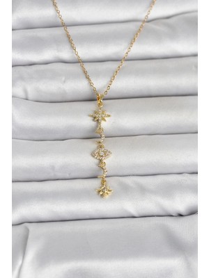 Pileli Store Mey Ithalat® 316L Çelik Gold Renk Kutup Yıldızı Y Model Zirkon Taşlı Kadın Kolye