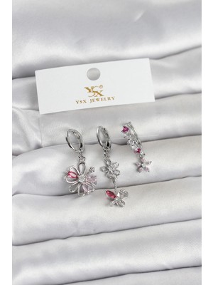 Pileli Store Mey Ithalat® Pirinç Gümüş Renk Çiçek Model 3'lü Kadın Küpe