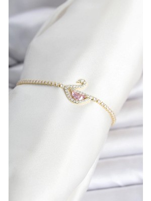 Pileli Store Mey Ithalat® Pirinç Gold Renk Zirkon Taşlı Swan Model Su Yolu Kadın Bileklik