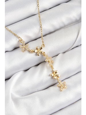 Pileli Store Mey Ithalat® 316L Çelik Zirkon Taşlı Çiçek Model Gold Renk Kadın Kolye