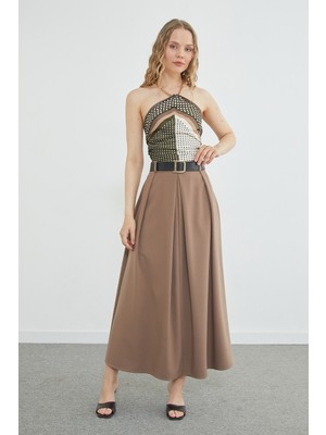 FullaModa Kemerli Pileli Maxi Boy Etek