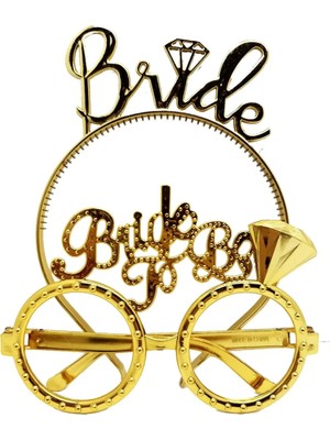 Nemere İthalat Bride Yazılı Taç ve Bride To Be Yazılı Gözlük Seti - Altın Renk Nemere Ithalat