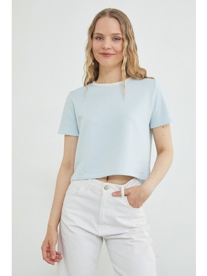 FullaModa Basic Ribana Yaka Mevsimlik Crop Tişört