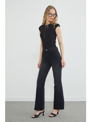 FullaModa Yüksek Bel Fermuarlı Flare Jean