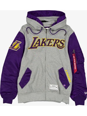 Alpha Industries x New Era Los Angeles Lakers Ma-1 Fermuarlı Unisex Gri Sweatshirt.-