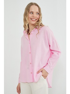 FullaModa Basic Keten Görünümlü Oversize Gömlek