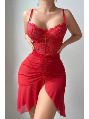 Bella Notte 2 Parça Kırmızı Önden Yırtmaçlı Uzun  Gecelik