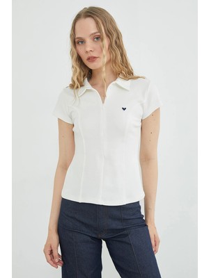 FullaModa Kalp Nakışlı Yarım Fermuarlı Polo Yaka Slim Fit Tişört