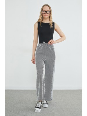 FullaModa Çizgili Beli Lastikli Wide Leg Pantolon