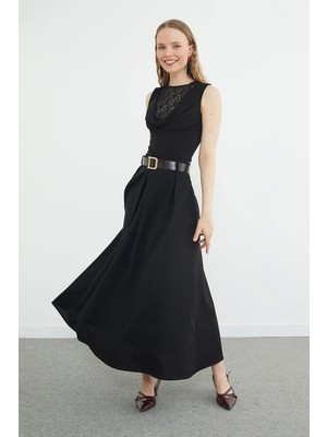 FullaModa Kemerli Pileli Maxi Boy Etek