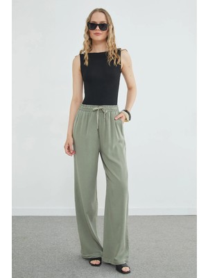 FullaModa Beli Bağlamalı Cepli Tencel Pantolon