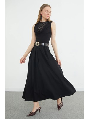 FullaModa Kemerli Pileli Maxi Boy Etek