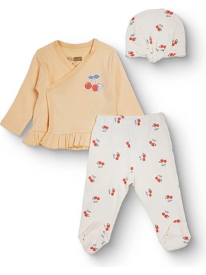 Hellobaby Kız Bebek Zıbın-Şapka-Alt Kalp Baskılı Çıtçıtlı V Yaka Long Sleeve Patikli