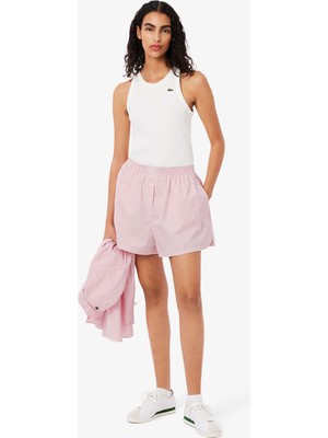 Lacoste Kadın Loose Fit Çizgili Pembe Şort