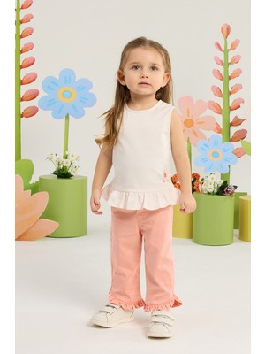 Minycenter Kız Bebek Çiçek Nakışlı Fırfırlı Tişört 3 Ay-36 Ay Pudra