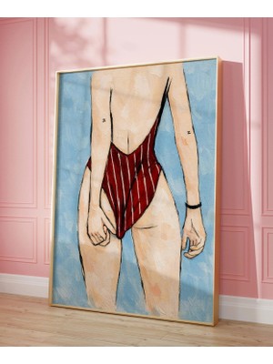 Ninastore Mayo Giymiş Soyut Kadın Sanat Baskısı - Minimalist Yaz Kadın Figürü, Mavi Yakut Yağlı Boya Duvar