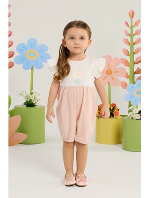 Minycenter Kız Bebek Çiçek Desenli Kısa Tulum 3 Ay-36 Ay Pudra