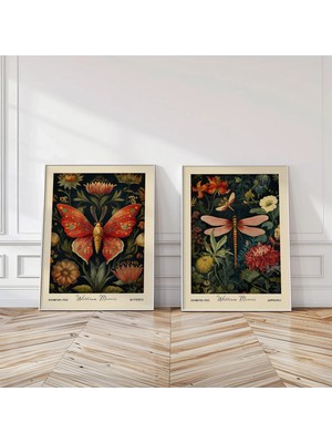 Ninastore 2'li William Morris Böcek Baskısı Seti – Kelebek ve Yusufçuk Botanik Duvar Dekoru