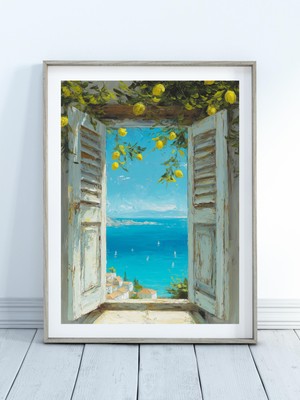 Ninastore Akdeniz Pencere Manzarası Sanatı – Sahil Limon Ağacı Duvar Dekoru – Italyan Sahil Manzarası Posteri