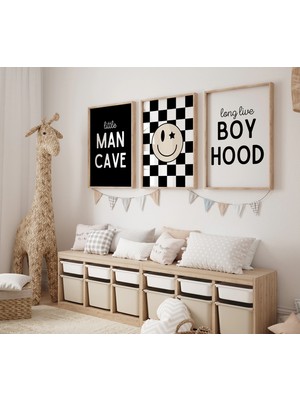 Ninastore Küçük Adamın Mağarası - Yaşasın Çocukluk - Siyah Beyaz Çocuk Odası - Kareli Çocuk Odası Posteri -
