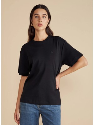 Brooks Brothers Siyah Kadın Standart T-Shirt Bisiklet Yaka Oversize T-Shirt