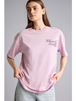 DeFacto %100 Pamuk Oversize Bisiklet Yaka Cep Baskılı Slogan Baskılı Kısa Kollu Tişört H7581AX26SM