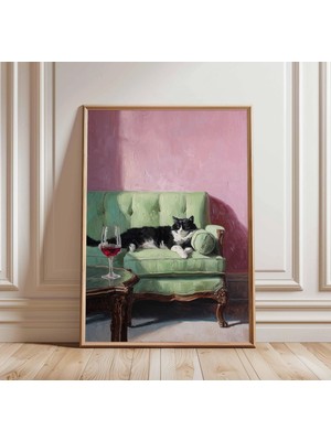 Ninastore Kanepede Kedi Duvar Sanatı Posteri - Vintage Salon Sahnesi Baskısı - Şarap Içen Siyah Beyaz Kedi -