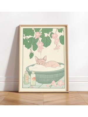 Ninastore Sfenks Kedisi Baskısı: Japon Tarzı Banyo Dekorasyonu - Nötr Ukiyo-E Duvar Sanatı