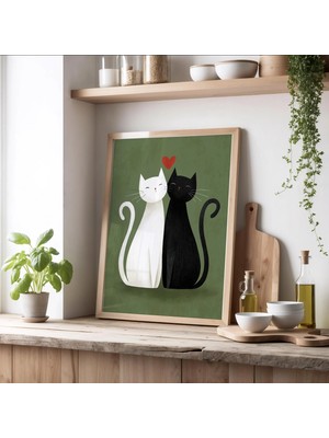 Ninastore Minimalist Kedi Çifti Duvar Sanatı - Siyah Beyaz Kedi Sevgililer Günü Sanatı - Romantik Aşk