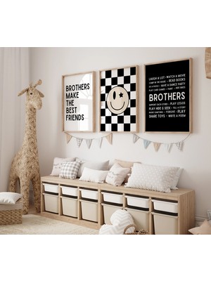 Ninastore Kardeşler En Iyi Arkadaş Olur - Siyah Beyaz Çocuk Odası - Kareli Çocuk Odası Posteri - Erkek Bebek
