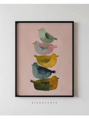 Ninastore Üst Üste Dizilmiş Kuşlar Duvar Sanatı - Çocuk Odası Veya Oturma Odası Için Renkli Modern Kuş