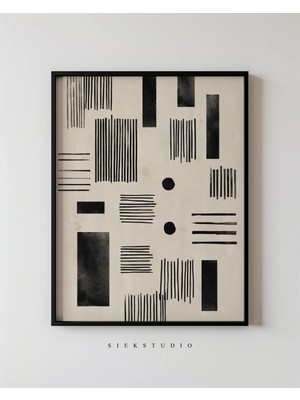 Ninastore Minimalist Soyut Şekiller - Daireler ve Çizgiler Yazdırılabilir Modern Siyah ve Bej Beyaz Desen