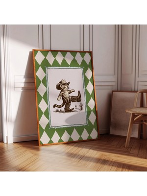 Ninastore Kovboy Kedi Baskısı: Yeşil Batı Posteri (Baskı)