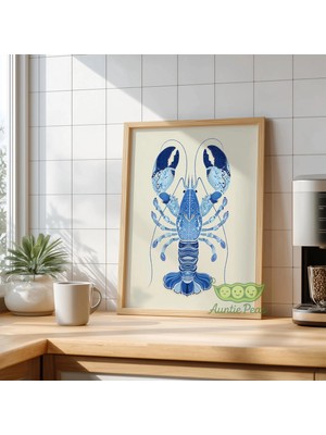 Ninastore Mavi Istakoz Duvar Sanatı Baskısı - Modern Kıyı Deniz Yaşamı Illüstrasyonu - Halk Sanatı - Mutfak,