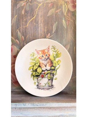 Baykuşca Saksıdaki Kedi 18 cm Duvar Tabağı, Dekorasyon, Mutfak, Balkon