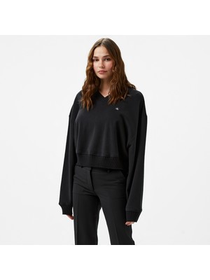 Calvin Klein Jeans Woven Label V-Neck Kadın Siyah Sweatshirt