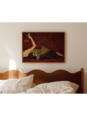Ninastore Soyut Leoparlı Kadın Yağlı Boya Tablo - Bordo Çita Baskısı - Yatak Üstü Yatay Duvar Sanatı - Elle