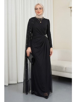 Moda Morfo Inci Detaylı Tül Pelerinli Dik Yaka Abiye -Siyah