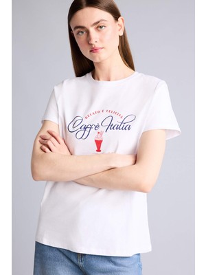 DeFacto Regular Fit Bisiklet Yaka Slogan Baskılı Penye Kısa Kollu Tişört H8703AX26SM