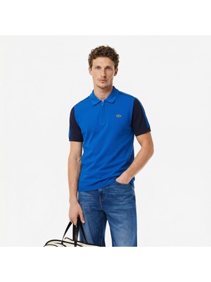 Lacoste Erkek Kısa Kollu Yarım Fermuarlı Renk Bloklu Mavi Triko