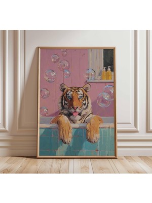 Ninastore Küvet Içinde Kaplan Sanat Baskısı - Komik Hayvan Pop Art Posteri - Neşeli Banyo Dekorasyonu -