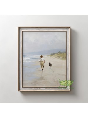 Ninastore Vintage Çocuk ve Köpek Plaj Duvar Sanatı - Kıyı Okyanus Manzarası Baskısı - Nostaljik Çocuk Odası
