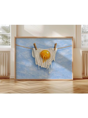 Ninastore Kızarmış Yumurta Yağlı Boya Tablo Baskısı - Yatay Retro El Çizimi Pastel Mavi Kalın Boya Mutfak