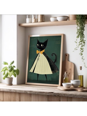 Ninastore Minimalist Kedi Baskısı Zümrüt Yeşili - Siyah Beyaz Kurdele Dekoru - Orta Çağ Moderni Kedi Duvar