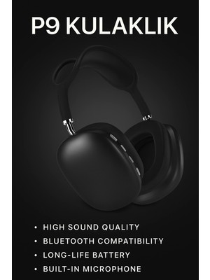Genel Tedarik P9 Bluetooth 5.0 Kablosuz Siyah Kulaklık Mikrofonlu Uzun Pil Yüksek Bass Anc